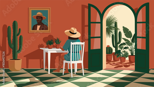 Illustration of a person with a hat sitting at a table with fruits in front of a plant-filled room