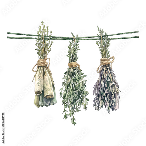 Watercolor Hanging Dried Herbs Bundles Vector Clipart
