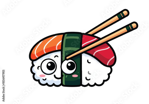 Cute Cartoon Sushi with Chopsticks Adorable Japanese Food Illustration.