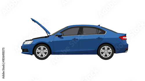 Blue Sedan Car with Open Hood, 3D Render