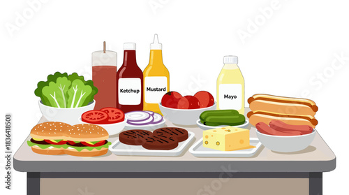 Burger and Hot Dog Ingredients with Condiments Vector Illustration