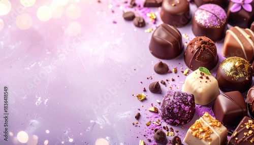 プレミアムチョコレートの真俯瞰フラットレイ：ラベンダー背景とネガティブスペース

パステルラベンダー背景の高級チョコレート静物写真：タイポグラフィ用スペース

真上から見た高級チョコレートアート：キャンディパープル背景のミニマル構図

プレミアムチョコとパープルココアパウダーのレイアウト：甘く上品な背景素材