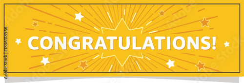Congratulations" graphic banner with star burst and golden yellow background