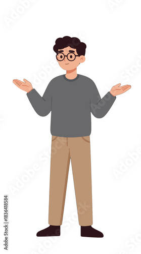 Cartoon Boy with Glasses and Shrugging Gesture