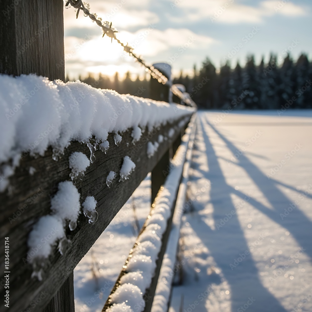 Fototapeta premium Golden hour light illuminates a snow-dusted wooden fence and vast winter landscape