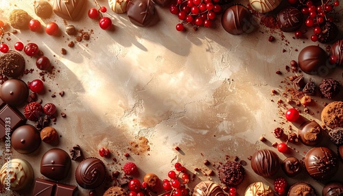 暖色ニュートラル背景と高級チョコレートフレームの広告用トップビジュアル 中央コピースペースあり プレミアムバレンタイン素材

トップビュー構図のトリュフとプラリネの上品なチョコレートボーダー背景 高解像度食品ビジュアル

マット質感ウォームトーン壁面とチョコレートの贅沢なフレーム構成 料理広告向けミニマルデザイン

キャラメルブラウンとマホガニー色のショコラ装飾背景 中央スペースでブランドロゴ演出