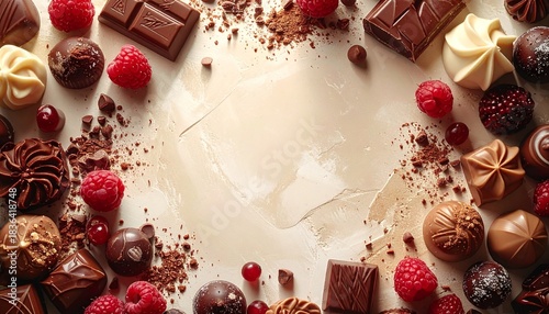 暖色ニュートラル背景と高級チョコレートフレームの広告用トップビジュアル 中央コピースペースあり プレミアムバレンタイン素材

トップビュー構図のトリュフとプラリネの上品なチョコレートボーダー背景 高解像度食品ビジュアル

マット質感ウォームトーン壁面とチョコレートの贅沢なフレーム構成 料理広告向けミニマルデザイン

キャラメルブラウンとマホガニー色のショコラ装飾背景 中央スペースでブランドロゴ演出
