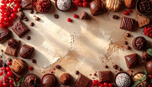 暖色ニュートラル背景と高級チョコレートフレームの広告用トップビジュアル 中央コピースペースあり プレミアムバレンタイン素材

トップビュー構図のトリュフとプラリネの上品なチョコレートボーダー背景 高解像度食品ビジュアル

マット質感ウォームトーン壁面とチョコレートの贅沢なフレーム構成 料理広告向けミニマルデザイン

キャラメルブラウンとマホガニー色のショコラ装飾背景 中央スペースでブランドロゴ演出