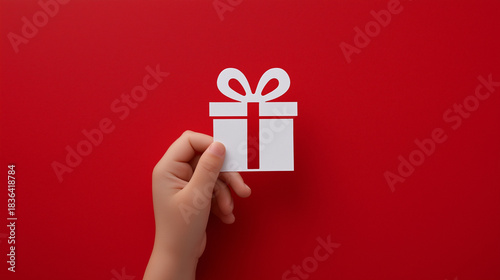 Child's hand holding a white gift cut-out on red background