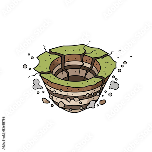 Cross-section of the Earth showing layers and a sinkhole with cracked ground.