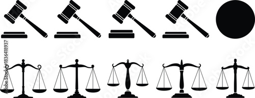 Mega Gavel and Scales of Justice Silhouette Vector Set, Featuring Various Legal Icons Capturing Law, Order, Courtroom Authority, and the Judicial System in Black.