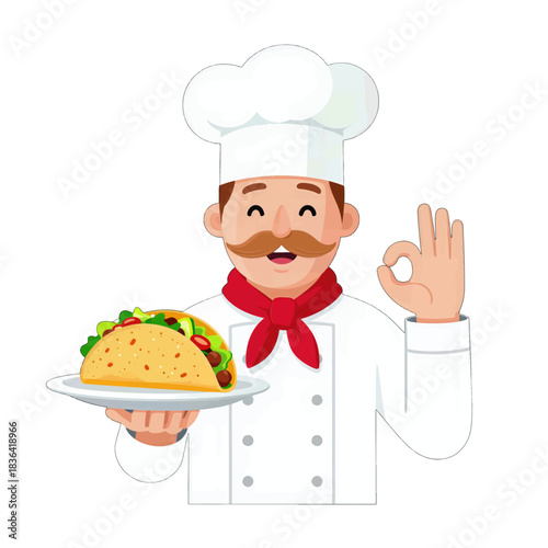 Cheerful Chef Holding Taco Illustration