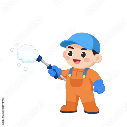 Cartoon Worker Cleaning With Power Washer Vector Illustration