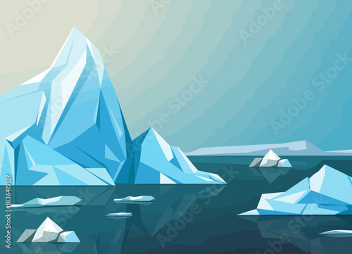 A tranquil and stunning portrayal of icebergs floating in calm waters, reflecting the serene beauty of nature in a harmonious blend of cool colors and shapes.