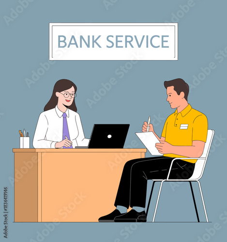 An engaging bank service interaction featuring a bank representative assisting a customer with financial inquiries in a professional and welcoming environment.