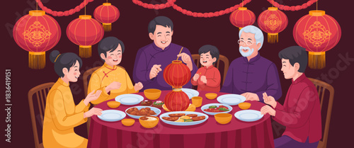 A warm family gathering celebrating a cultural feast, showcasing joy and togetherness with traditional decor and delicious food shared among loved ones at the table.