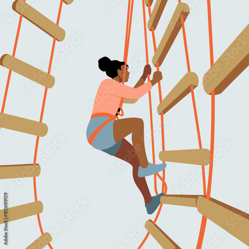 A strong individual climbs a ladder with determination, signifying resilience and ambition as they navigate challenges in an adventurous setting filled with inspiration.