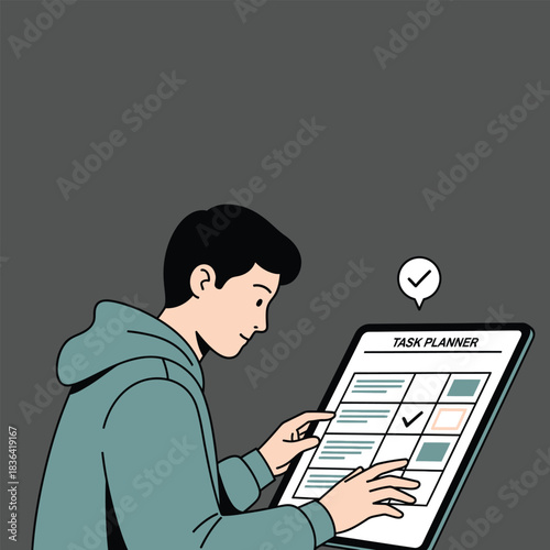 Young man organizing his schedule using a digital task planner on a tablet