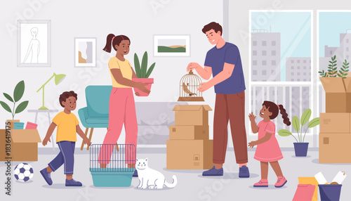 A lively family scene depicting members unpacking and organizing their belongings in a new home, showcasing excitement and teamwork in settling down.