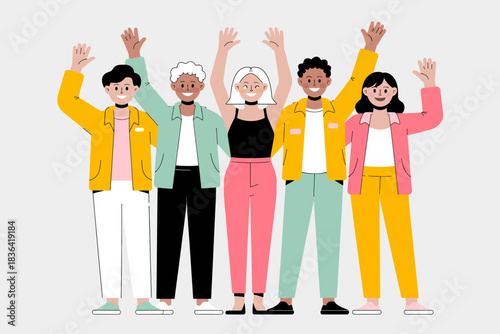 A cheerful depiction of five diverse individuals with raised hands, celebrating together, exuding joy, unity, and community spirit, perfect for diverse representation.