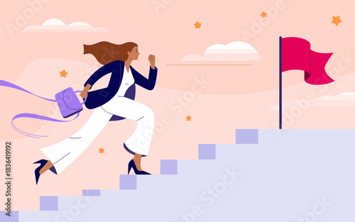 A dynamic illustration of a professional woman wearing a business suit, energetically running up a staircase towards a flag, symbolizing determination and ambition in achieving goals.