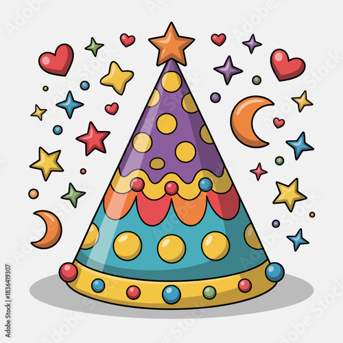 A fun and colorful party hat surrounded by playful stars, hearts, and moons, evoking feelings of joy, celebration, and festivity ideal for joyful events and gatherings.