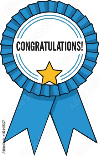 Blue Rosette Congratulations Badge with Gold Star Illustration for Achievement and Success