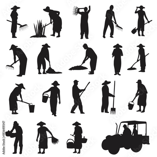 Diverse farmers are seen working with tools in silhouettes across the expansive, solid background