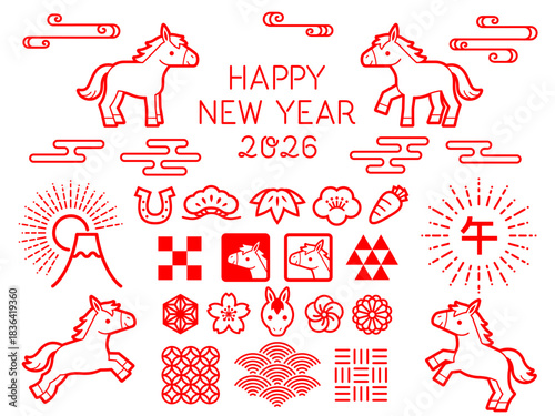 午年の赤い線画スタンプとアイコンセット