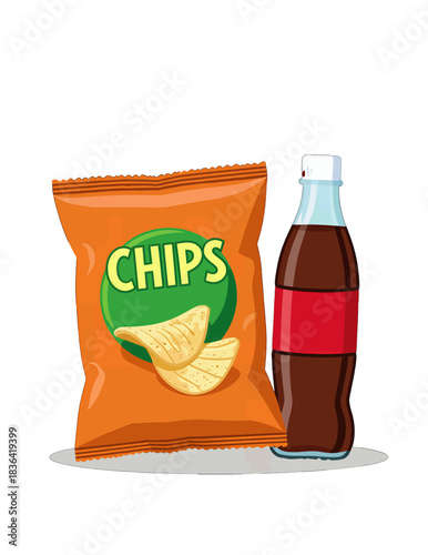 Colorful Chips Bag and Soda Bottle Illustration