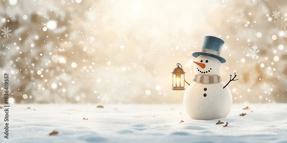Obraz premium Snowman with Vintage Lantern in a Snowy Winter Landscape