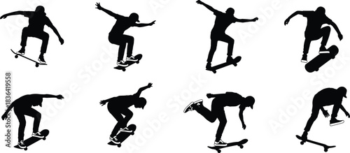 Mega Skateboarder Silhouette Vector Pack, Featuring Various Dynamic Action Poses Capturing Extreme Sports, Youth Culture, Urban Energy, and Modern Skate Style.