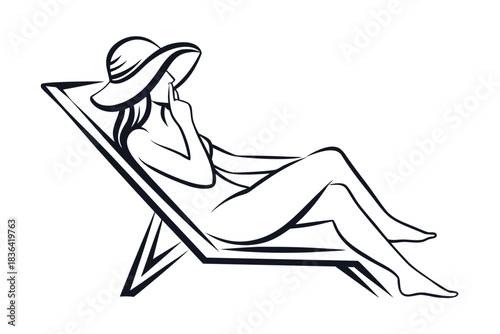 Line shows woman in swimsuit and hat relaxing on a beach chair