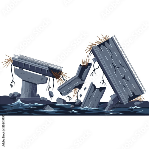 A collapsed highway bridge over dark blue water, with debris and vegetation scattered around the broken concrete structures.