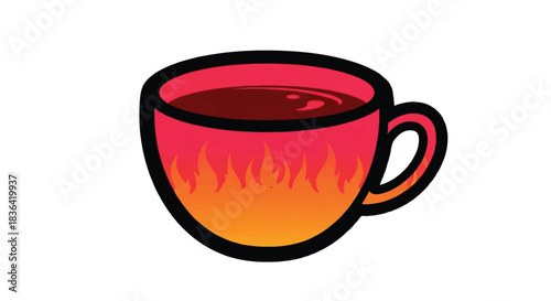 Hot beverage in a stylized cup with a fiery design.