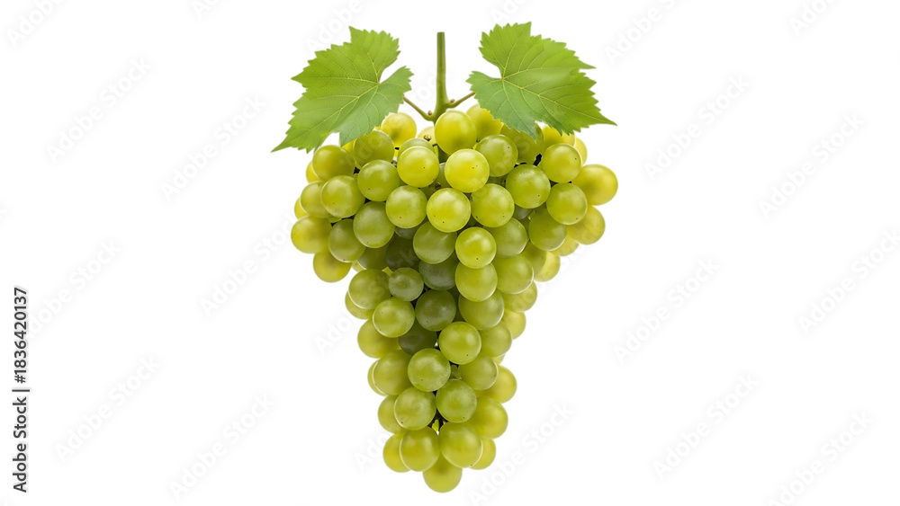 Fototapeta premium Fresh green grapes with leaves isolated on transparent background