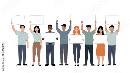 Diverse Group Holding Blank Signs Flat Design Illustration
