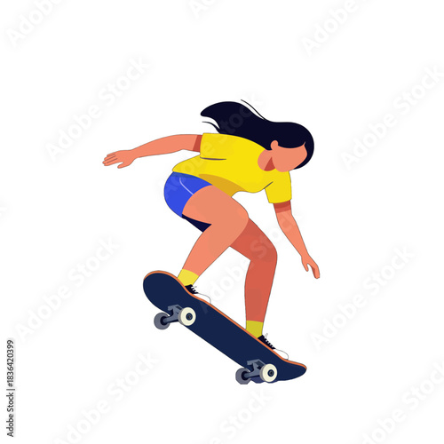 Female Skateboarder in Yellow Shirt Flat Design Illustration