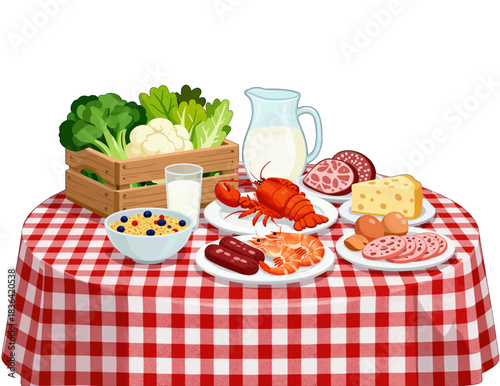 Flat Design Table with Variety of Food Items Illustration
