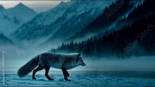 A solitary fox strides gracefully across a snowy landscape, its fur glistening in the soft, cool light. The majestic mountains loom in the background, shrouded in mist, creating an ethereal atmosphere