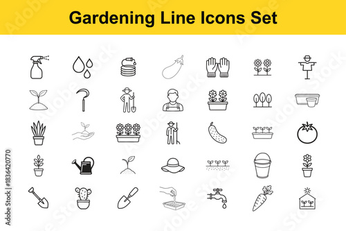 Gardening line icons set planting watering tools farmer plants flowers vegetables collection