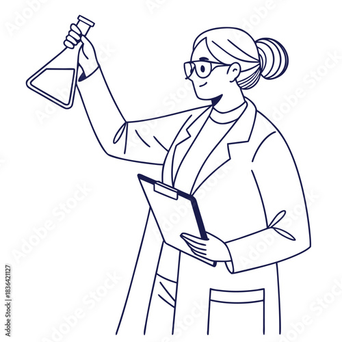 Outlined scientist observes beaker with notes as linear female wears lab coat