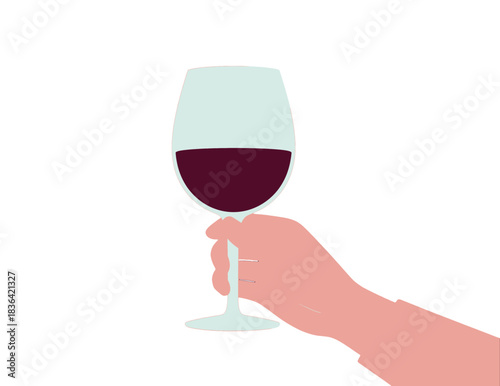 Hand Holding Red Wine Glass Flat Design Illustration