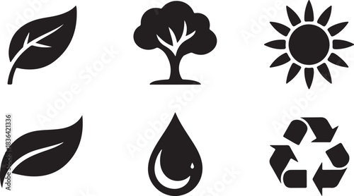Set of six nature and environment icons in silhouette