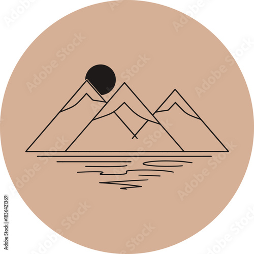 Minimalist black line art of mountains and sun over water on beige circle nature landscape