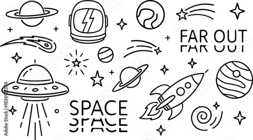 Space theme vector illustration set with UFOs, rockets, planets, stars, comets, and astronaut helmets in a playful line-art style  black and white
