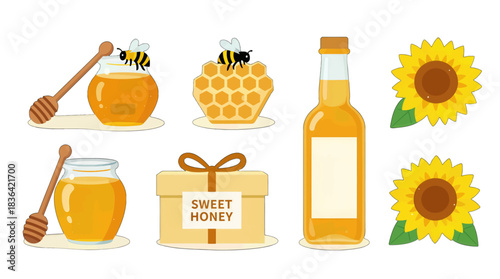 Honey Bee and Honeycomb Illustrations with Sunflowers