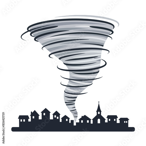 A powerful tornado swirling ominously over a silhouetted town, threatening destruction.