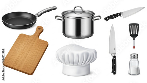 Realistic Kitchen Icon Set – Frying Pan, Pot, Knife, Cutting Board, Spatula, Chef Hat, Salt Shaker on White Background