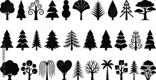 Set of Black Tree Silhouettes, Vector Icons Featuring Diverse Shapes, Including Deciduous and Coniferous Styles, Ideal for Landscape and Architectural Graphic Design Elements, Isolated on White.